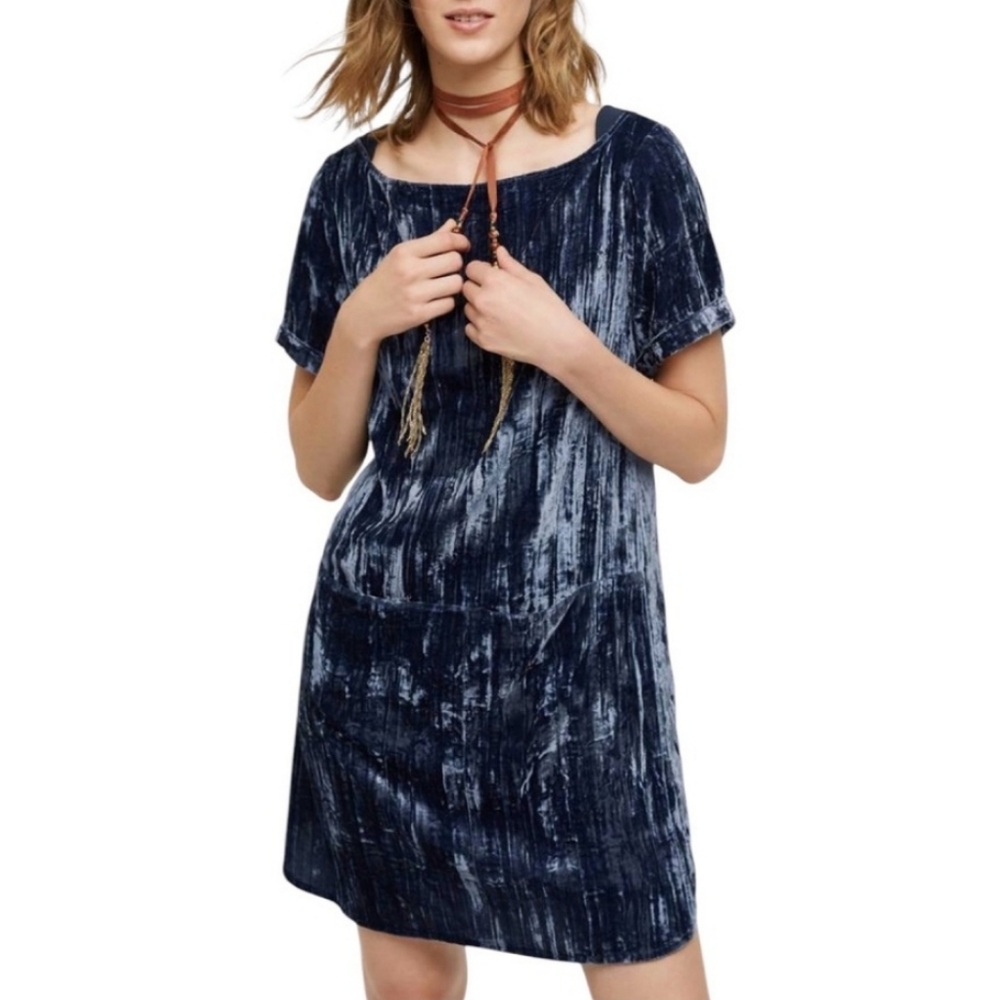 ANTHROPOLOGIE FLAREAT Short Sleeve Blue Velvet Dress